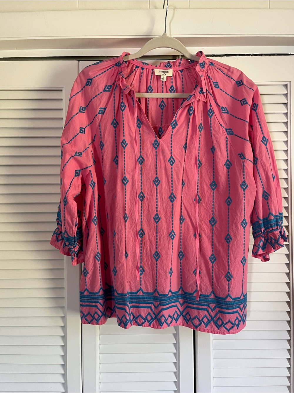 Umgee Pink Tunic Top with Blue Geometric Embroidery